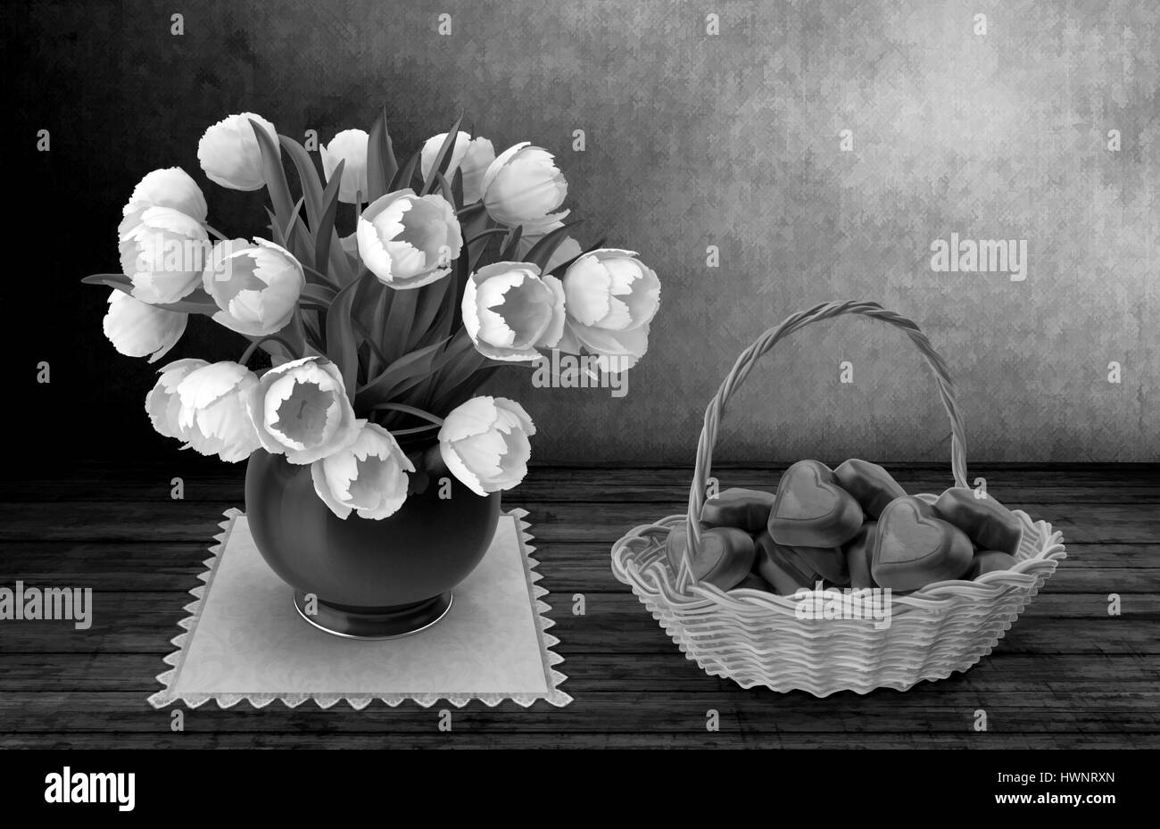 Still Life : sur la surface de la table en bois se dresse sur une serviette de table vase en céramique avec tulipes blanches, debout près d'un panier en osier de bonbons. 3D render Banque D'Images