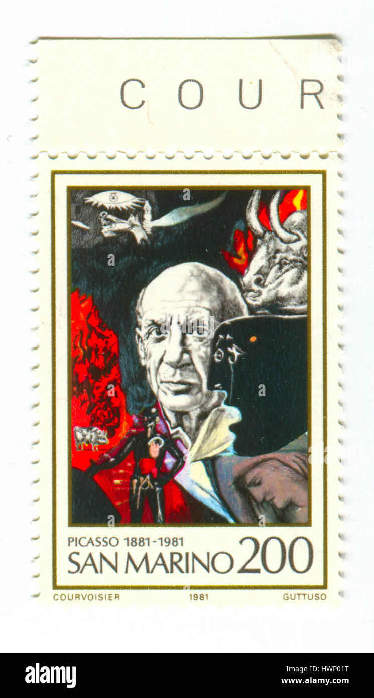 GOMEL, BÉLARUS, 21 mars 2017, de timbres en Saint-marin montre l'image de Pablo Ruiz y Picasso, également connu sous le nom de Pablo Picasso, était un peintre espagnol Banque D'Images