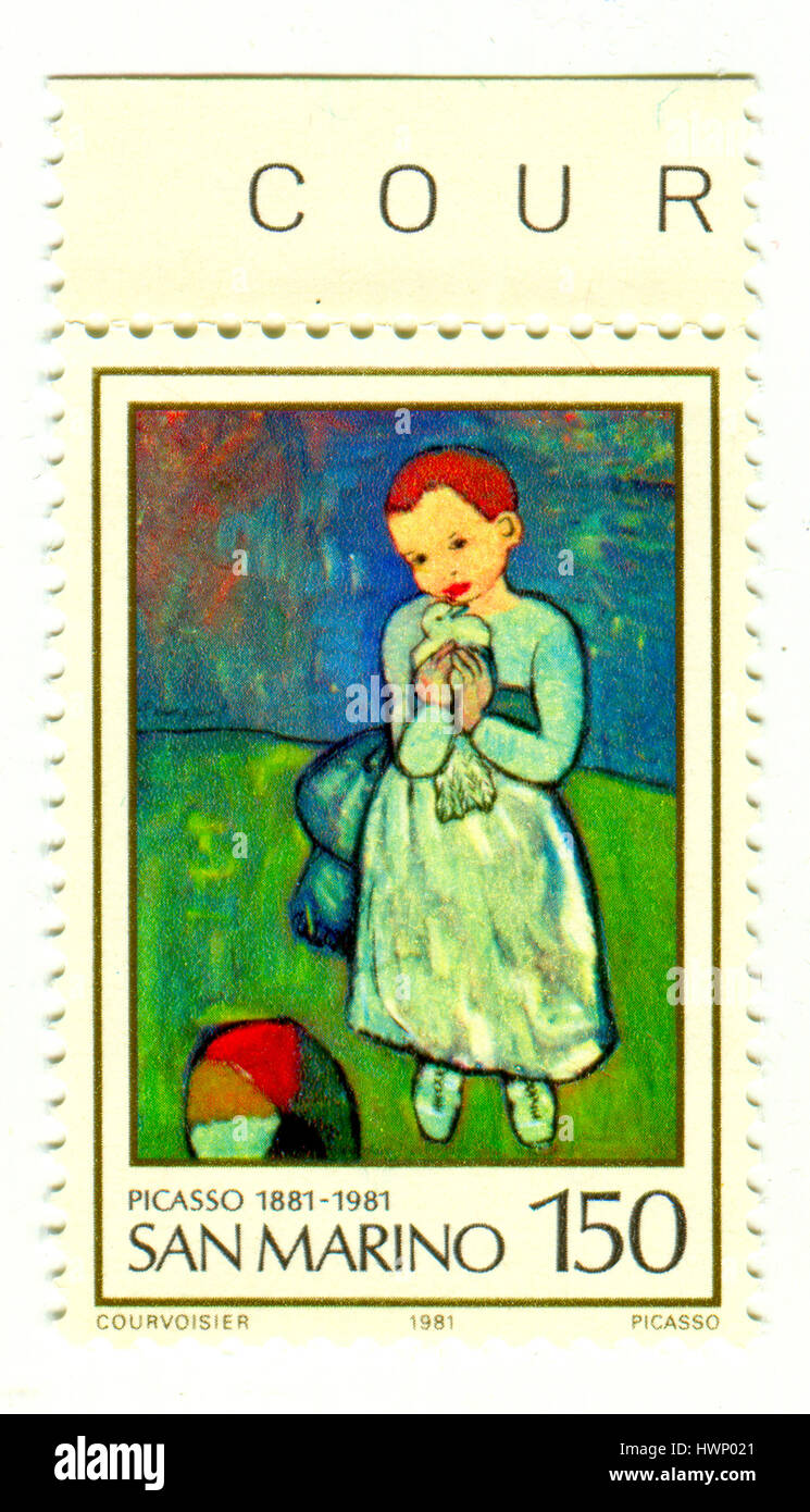 GOMEL, BÉLARUS, 21 mars 2017, de timbres en Saint-marin montre l'image de Pablo Ruiz y Picasso, également connu sous le nom de Pablo Picasso, était un peintre espagnol Banque D'Images