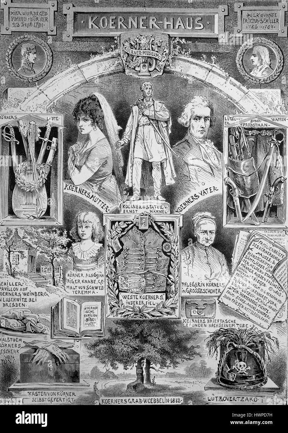 Le Musée Koerner à Dresde, Allemagne, Koerner House, aperçu de l'exposition. Le musée a été un Koerner Dresden Museum que jusqu'à l'année 1945 a été dans le district de Dresde Neustadt intérieure et la priorité a été consacrée à l'écrivain et poète Theodor Körner., reproduction d'une gravure originale de l'année 1882, l'amélioration numérique Banque D'Images