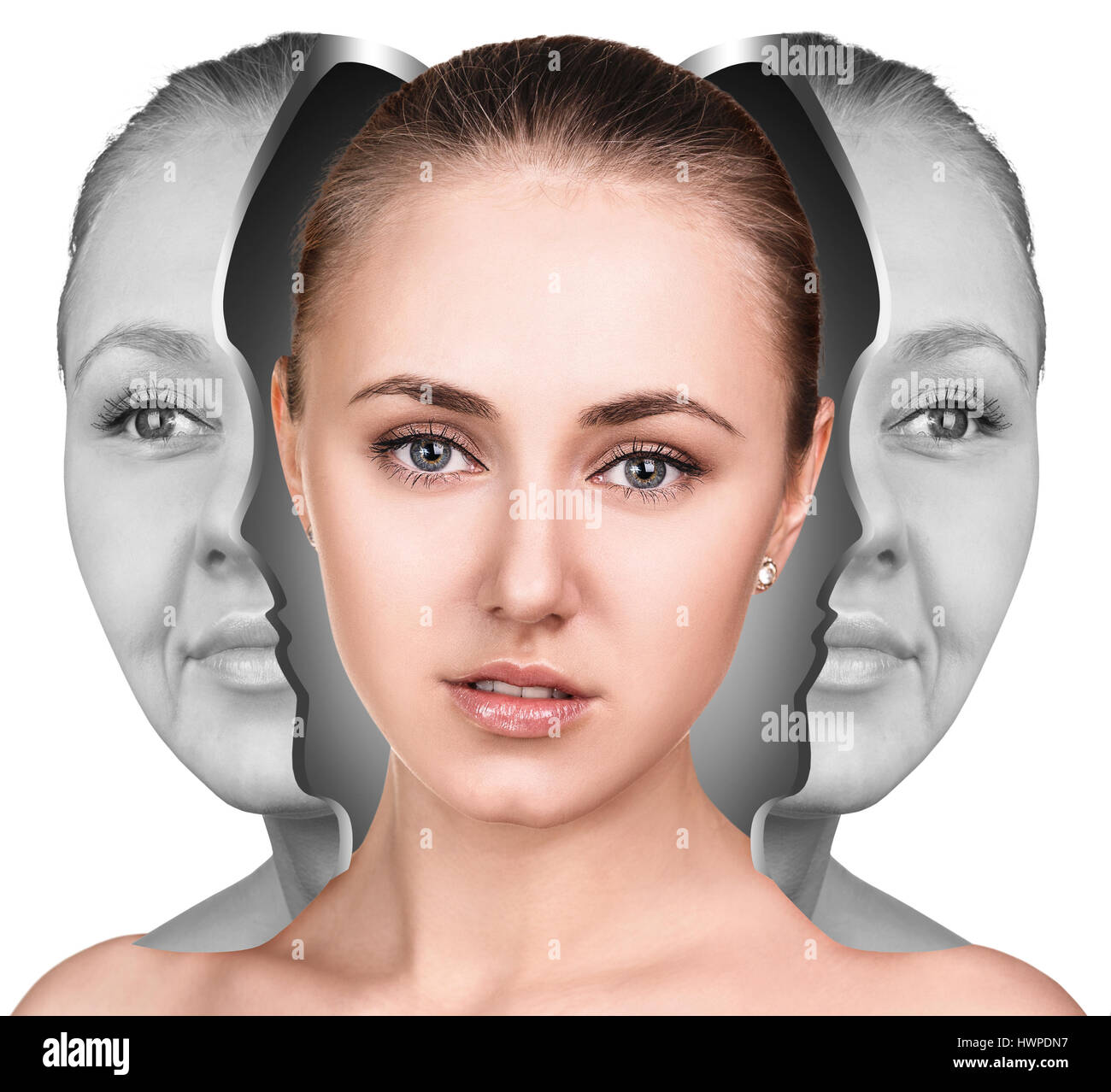 Visage de femme avant et après une chirurgie plastique ou de rajeunissement du visage. Concept d'anti-vieillissement. Banque D'Images