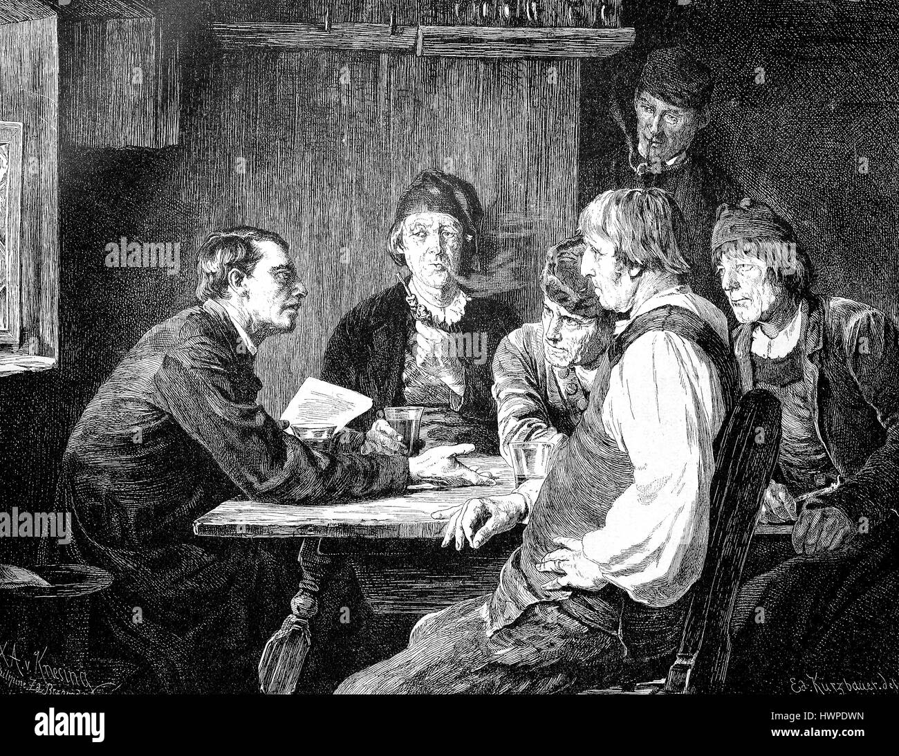 Discuter du groupe, six hommes, plus une lettre du roi, dans une auberge, 1875, la reproduction d'une gravure sur bois originale de l'année 1882, l'amélioration numérique Banque D'Images