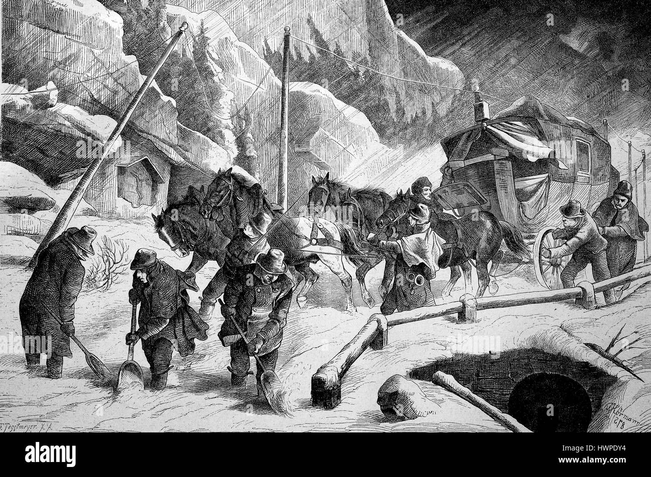 Stagecoach en hiver, la neige sur la route de Salzbourg à Klagenfurt, Autriche, la reproduction d'une gravure sur bois originale de l'année 1882, l'amélioration numérique Banque D'Images