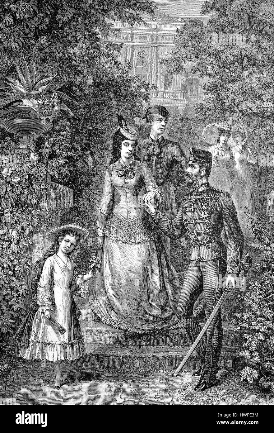 La famille impériale d'Autriche à l'été la fraîcheur, l'Archiduchesse Marie Valérie, l'Impératrice Elisabeth, le prince héritier Rodolphe, l'empereur François-Joseph, dans le parc du château de Gödöllö, Hongrie, la reproduction d'une gravure sur bois originale de l'année 1882, l'amélioration numérique Banque D'Images