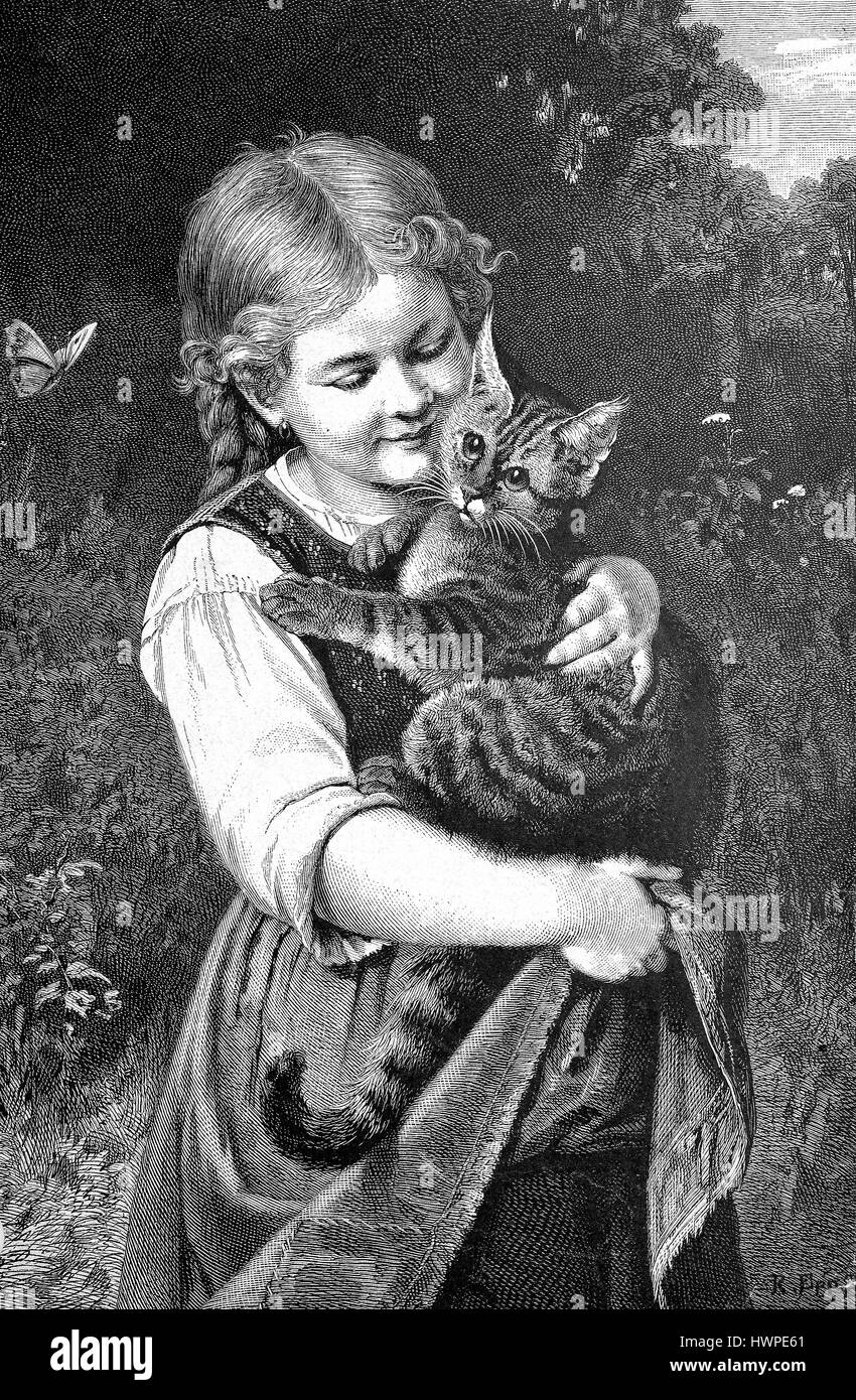 Petite Fille A Un Chat Domestique Sur Le Bras La Reproduction D Une Gravure Sur Bois Originale De L Annee 18 L Amelioration Numerique Photo Stock Alamy