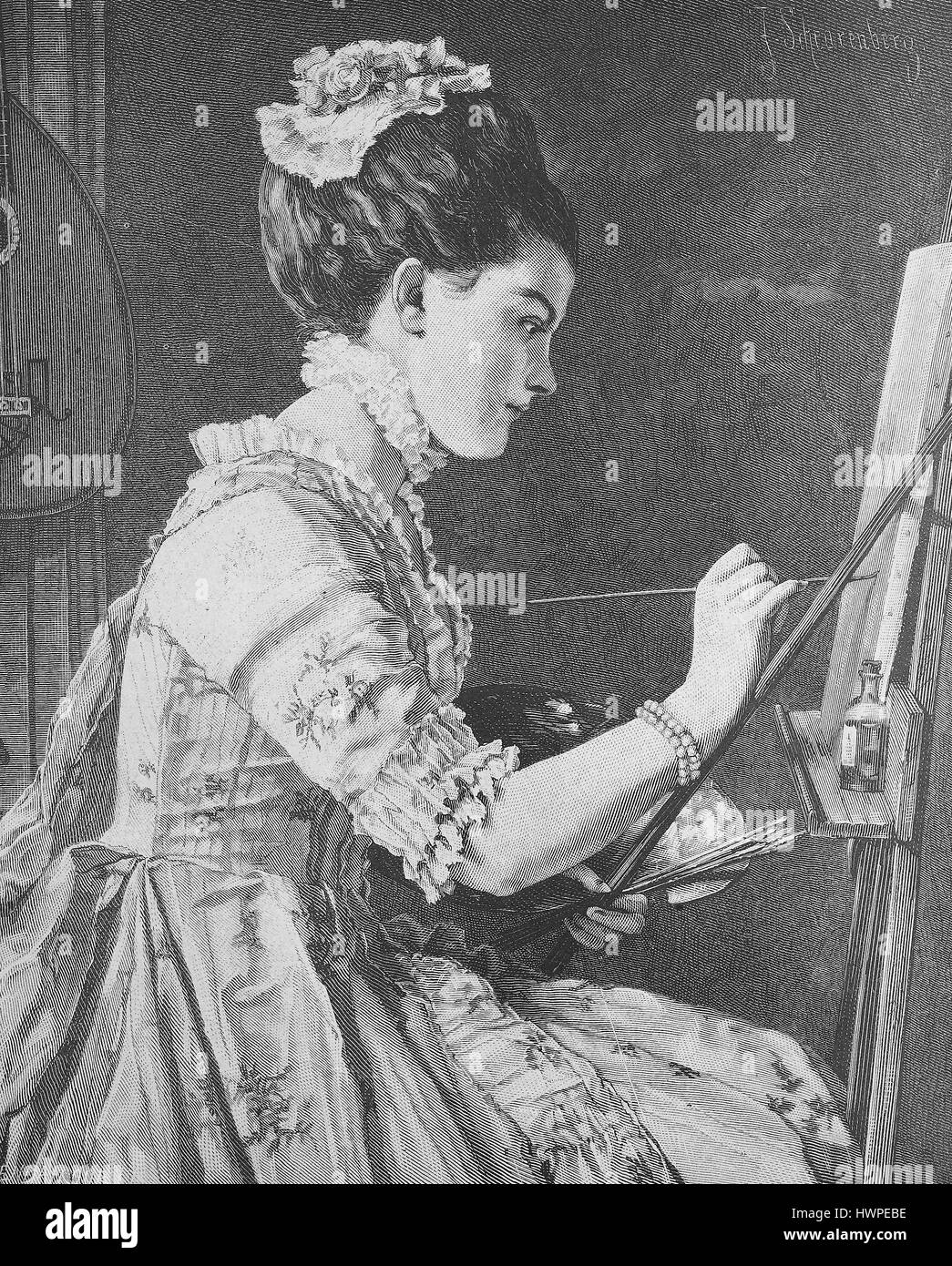 Peintre, jeune femme de la peinture d'images sur un écran linnen, reproduction d'une gravure originale de l'année 1882, l'amélioration numérique Banque D'Images