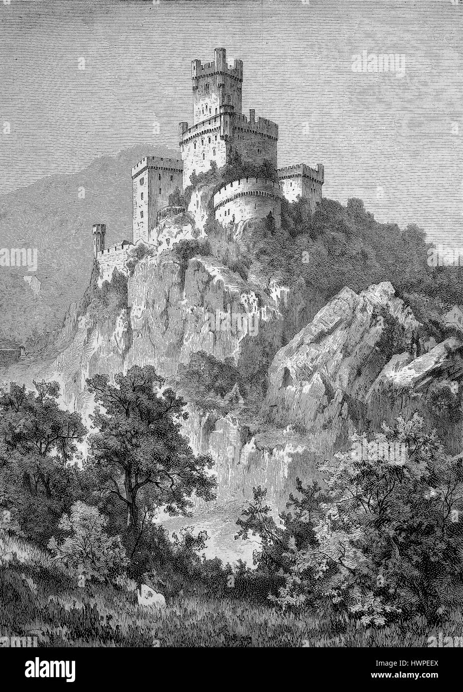 Un château à flanc de la vallée du Haut-Rhin moyen, dans l'Arrondissement de Mayence-bingen, l'Allemagne s'appelle Burg Sooneck, aussi Saneck ou Sonneck, précédemment Schloss Sonneck, reproduction d'une gravure originale de l'année 1882, l'amélioration numérique Banque D'Images