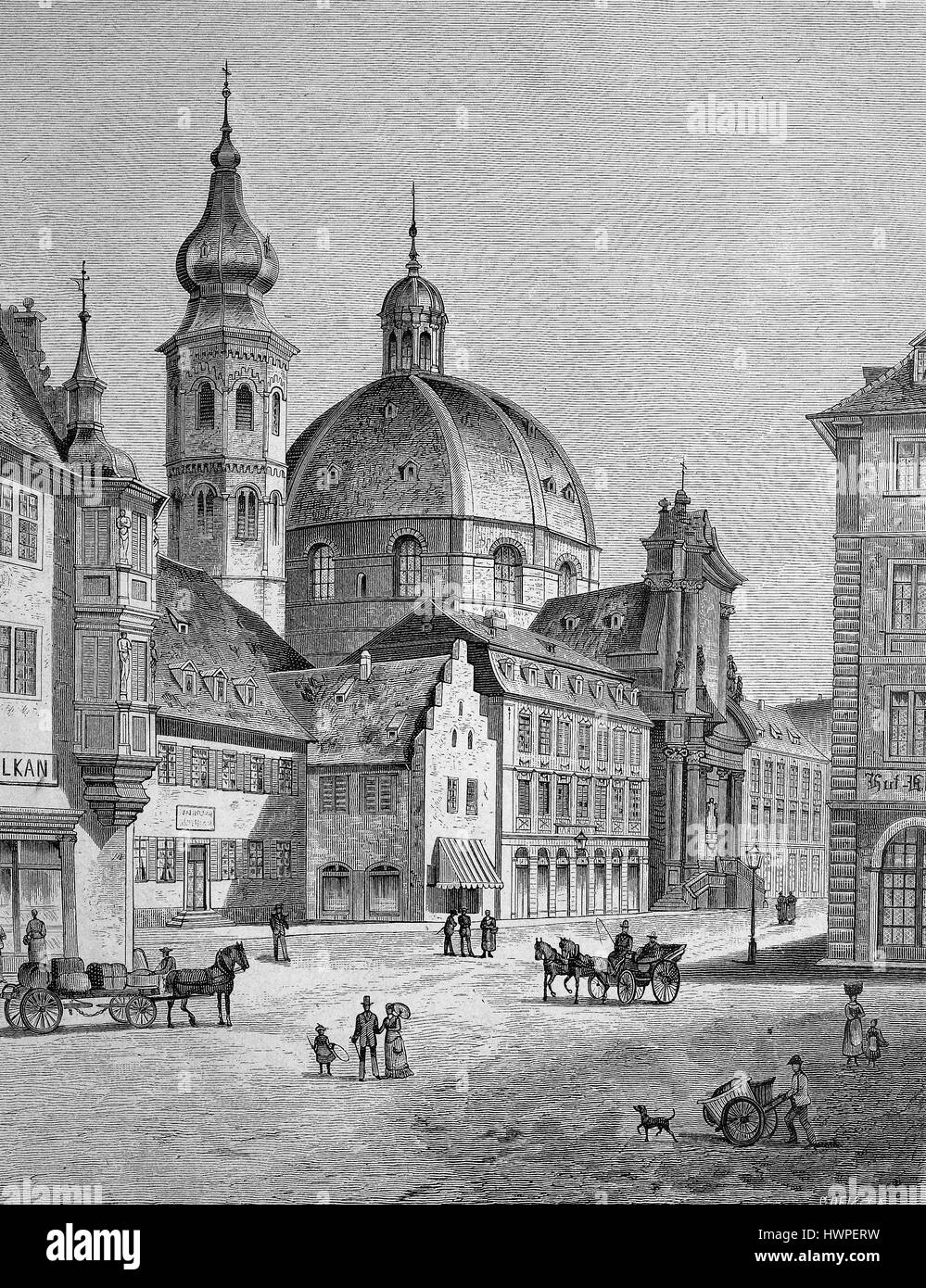 Collégiale de Neumünster à Würzburg, en Bavière, Allemagne, la reproduction d'une gravure sur bois originale de l'année 1882, l'amélioration numérique Banque D'Images