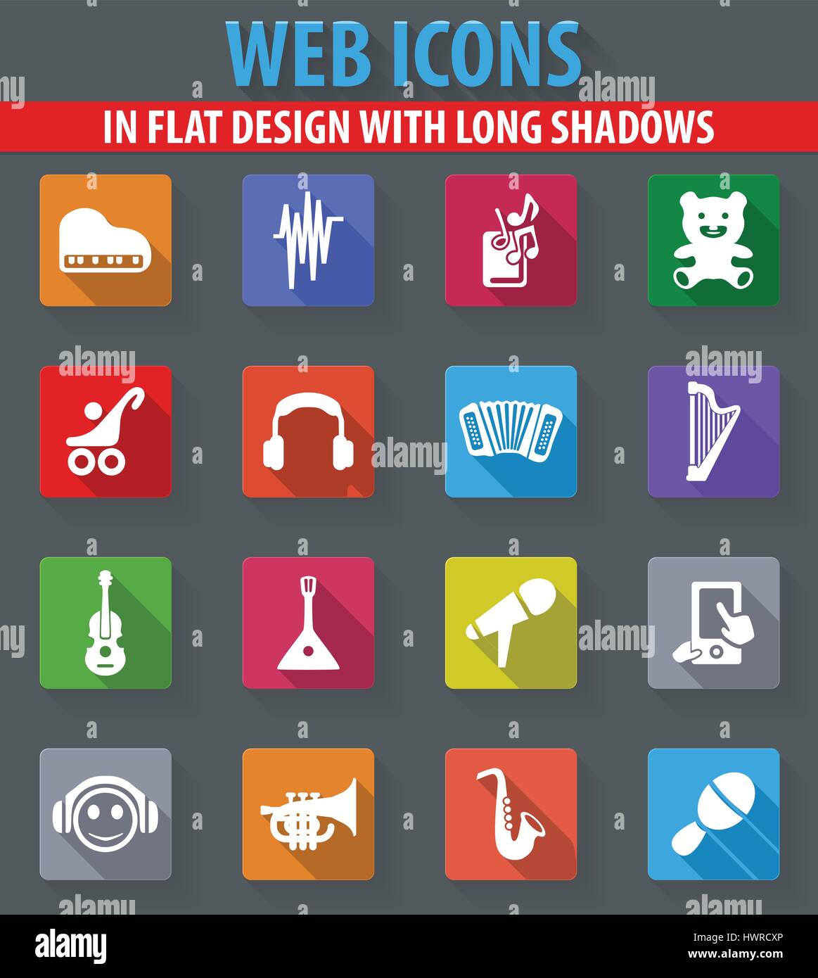 Jouets pour enfants web icons dans télévision design avec de longues ombres Illustration de Vecteur
