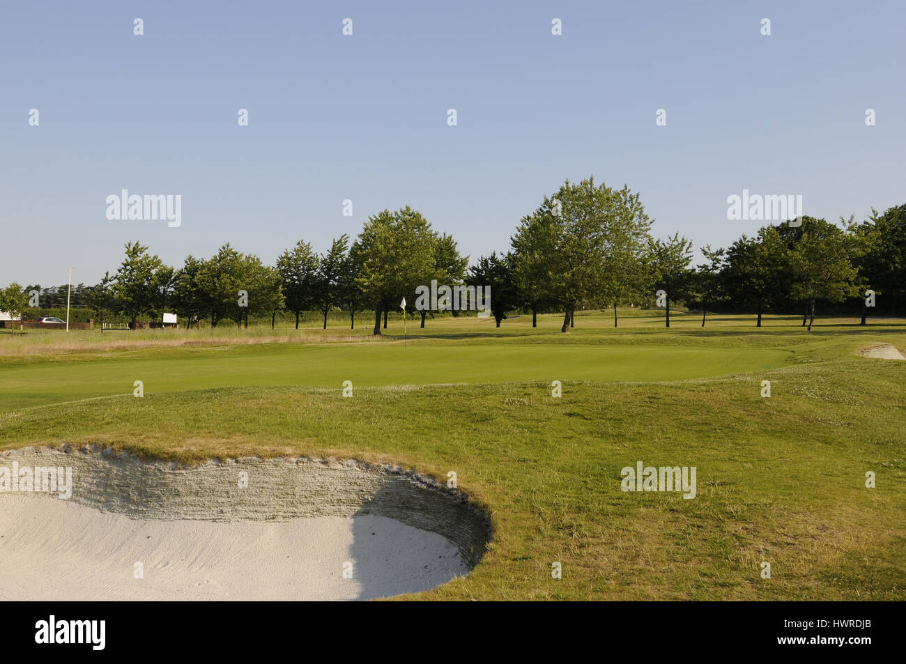 Vue sur Bunker pour 15ème green, Test Valley Golf Club , Basingstoke, Hampshire, Angleterre Banque D'Images