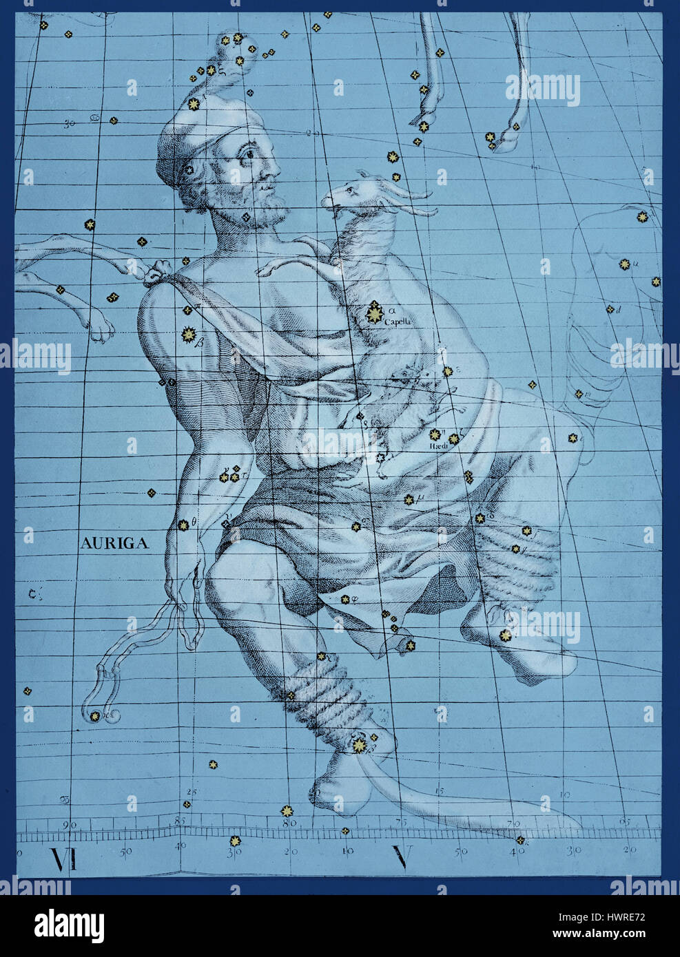 Constellation du cocher, Auriga (de l'Atlas Coelestis est un atlas publié à titre posthume en 1729, sur la base d'observations faites par le premier Astronome Royal, John Flamsteed) Banque D'Images