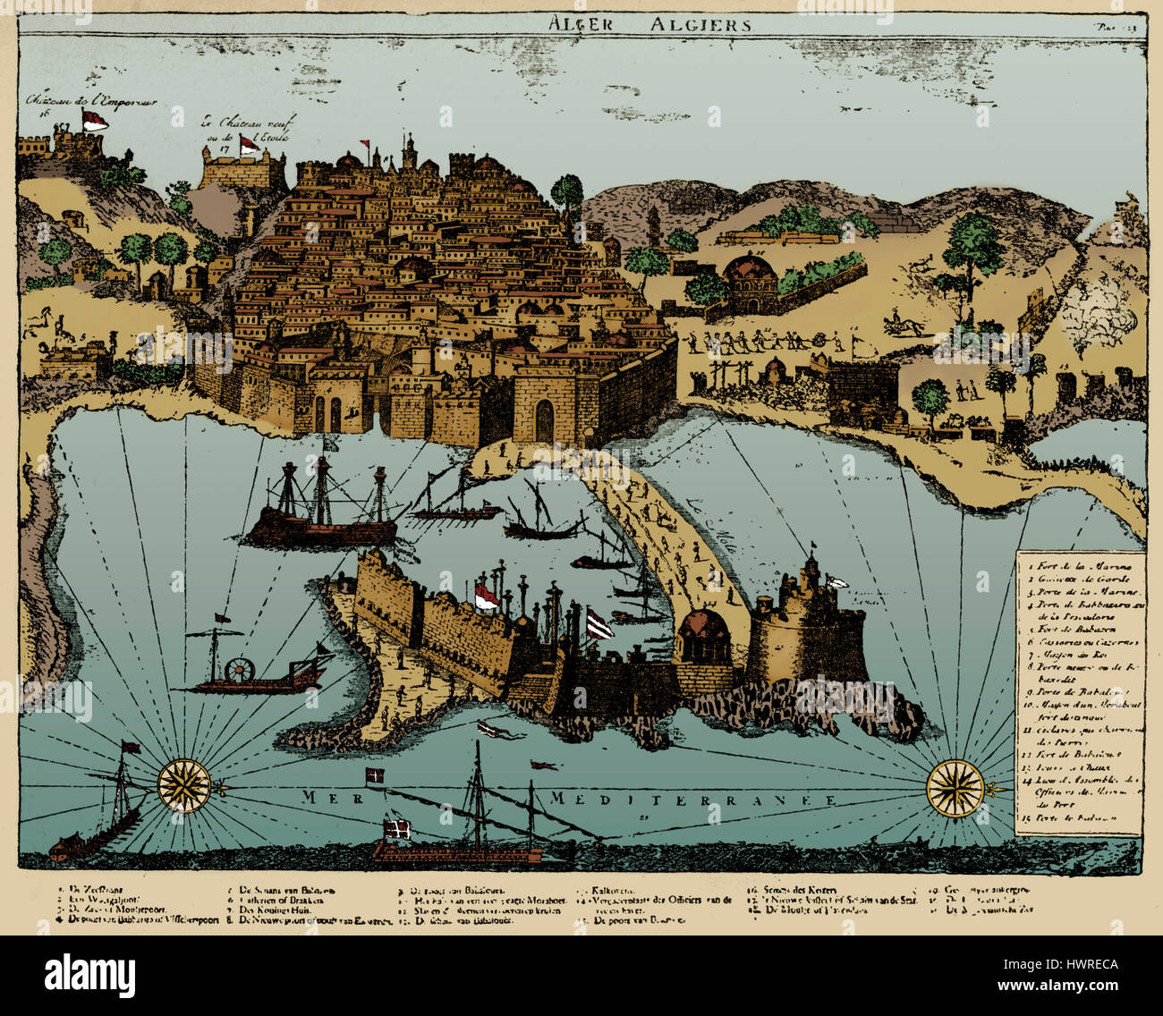 La carte d'Alger 1700. Ville fortifiée sur la côte de la Méditerranée. L'Afrique du Nord. Toile de fond de la corsaires barbares. Banque D'Images