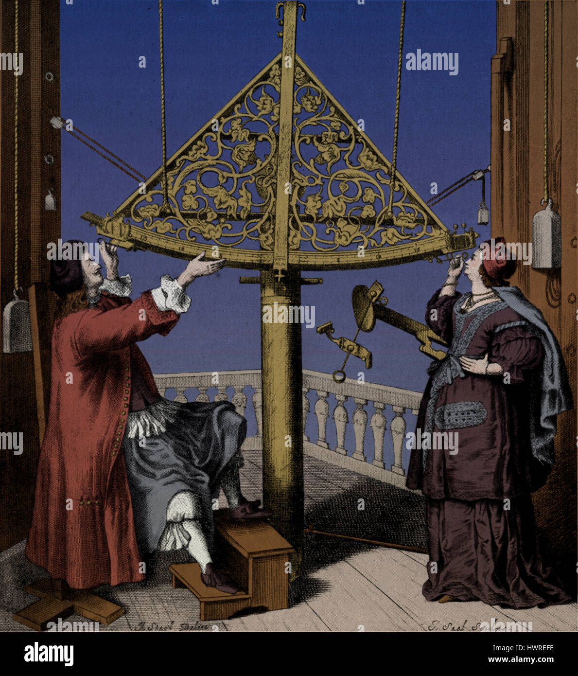 Hevel /(/ Johannes Hevelius Jan Heweliusz mesurer les altitudes avec le Quadrant stellaire. Avec sa femme Elisabeth Hevelius née Koopmann, première femme astronome. Astronome et fondateur de 'la topographie lunaire'. 28 janvier 1611 - 28 janvier 1687 Banque D'Images