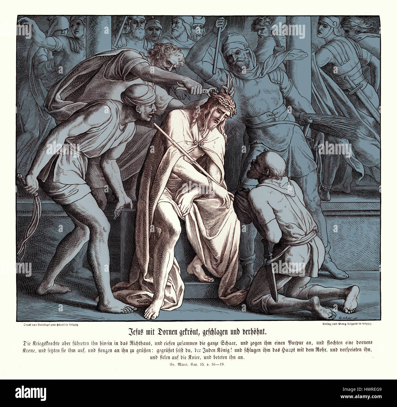 Jésus est donné une couronne d'épines, l'Évangile de Marc Chapitre XV versets 16 - 19 'et les soldats l'emmenèrent dans le hall, appelé prétoire ; et ils appellent ensemble la totalité de la bande. Et ils lui mirent des pourpre et un chormé couronne d'épines, et le mettre sur sa tête, et a commencé à le saluer, Salut, roi des Juifs ! Et ils le frappèrent à la tête avec un roseau, et n'a craché sur lui, et s'inclinant leurs genoux se prosterner devant lui." illustration 1852-60 par Julius Schnorr von Carolsfeld Banque D'Images