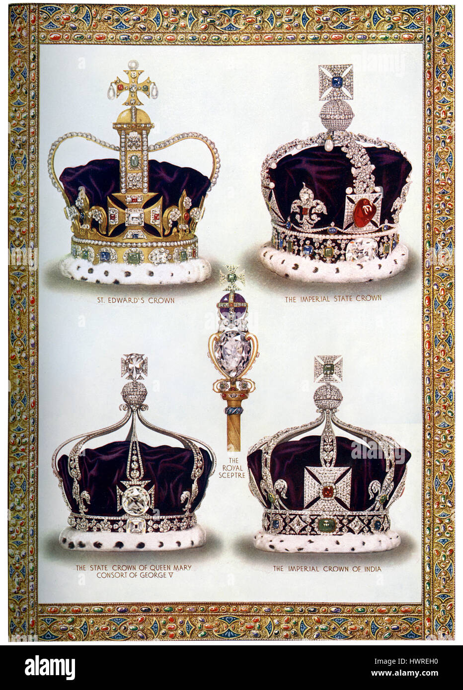 Couronnes royales et sceptre, règne du roi George V, ch. 1910. St Edward's couronne impériale, la Couronne, Sceptre, couronne royale de l'état de la reine Marie, l'épouse de George V et couronne impériale de l'Inde Banque D'Images