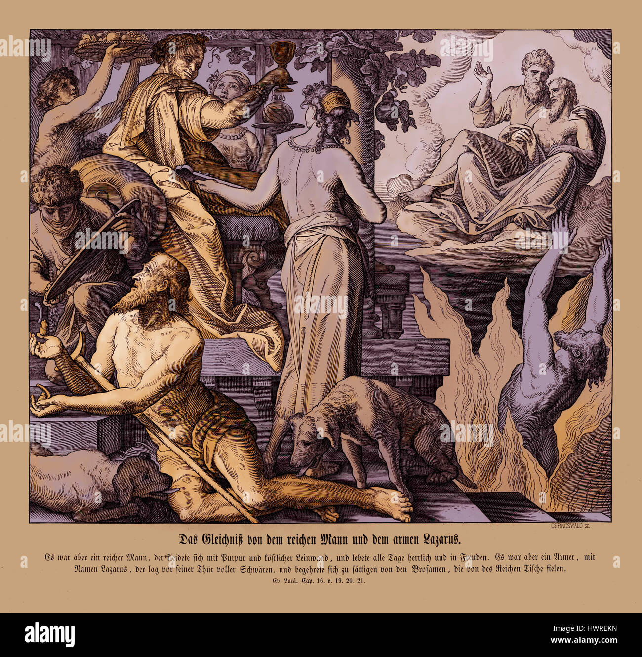 Parabole de l'homme riche et le pauvre Lazare, l'Évangile de Luc Chapitre XVI versets 19 - 21 'il y avait un homme riche, qui était vêtu de pourpre et de fin lin, et qui chaque jour menait joyeuse et il y avait un certain mendiant nommé Lazare, qui était mis à sa porte, plein d'ulcères, et désireux de se rassasier des miettes qui tombaient de la table du riche : de plus les chiens venaient lécher ses ulcères. et' 1852-60 illustration par Julius Schnorr von Carolsfeld Banque D'Images