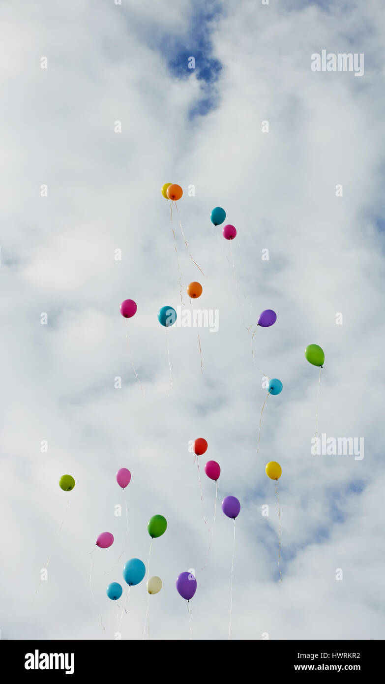De nombreux ballons de couleur battant jusqu'à la sky Banque D'Images
