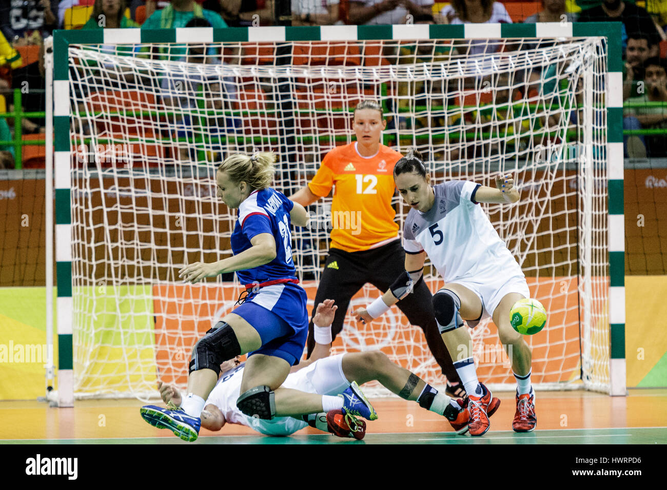 Rio de Janeiro, Brésil. 20 août 2016 Amandine Leynaud (FRA) gardien, Ekaterina Marennikova (RUS) # 22 Camille et Ayglon-Saurina (FRA) # 5 Concurrence Banque D'Images