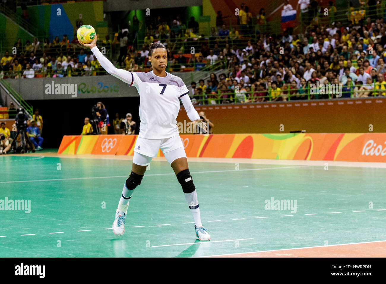 Rio de Janeiro, Brésil. 20 août 2016 Allison Pineau (FRA) # 7 Mise en concurrence dans le handball féminin finale or la Russie contre la France à l'Olympi 2016 Banque D'Images