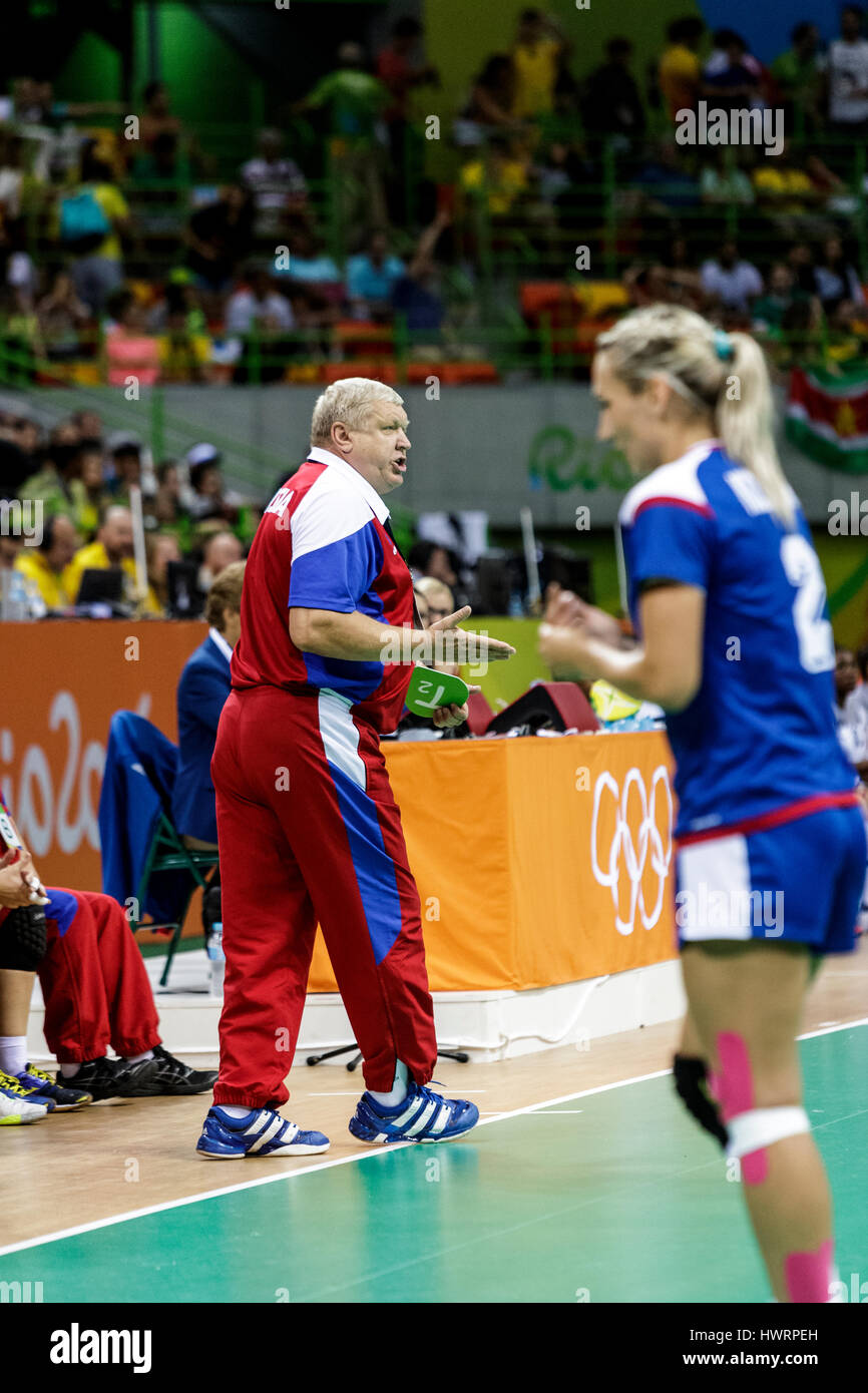 Rio de Janeiro, Brésil. 20 août 2016 l'entraîneur de la Russie pendant la Trefilov Evgenii handball féminin finale or la Russie contre la France à l'Olym 2016 Banque D'Images