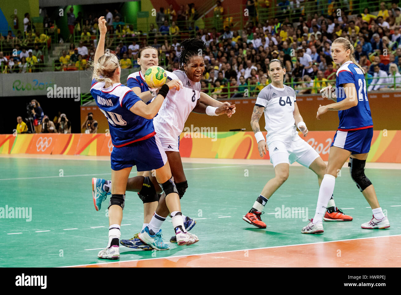 Rio de Janeiro, Brésil. 20 août 2016 Laurisa Landre (FRA) # 8 Mise en concurrence dans le handball féminin finale or la Russie contre la France à l'Olympi 2016 Banque D'Images