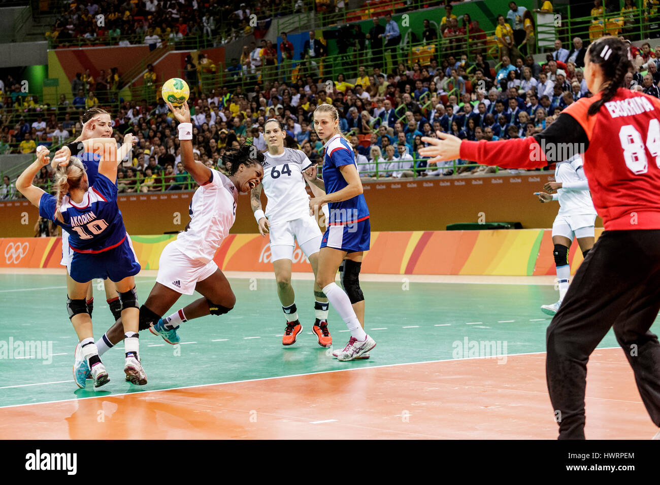 Rio de Janeiro, Brésil. 20 août 2016 Laurisa Landre (FRA) # 8 Mise en concurrence dans le handball féminin finale or la Russie contre la France à l'Olympi 2016 Banque D'Images