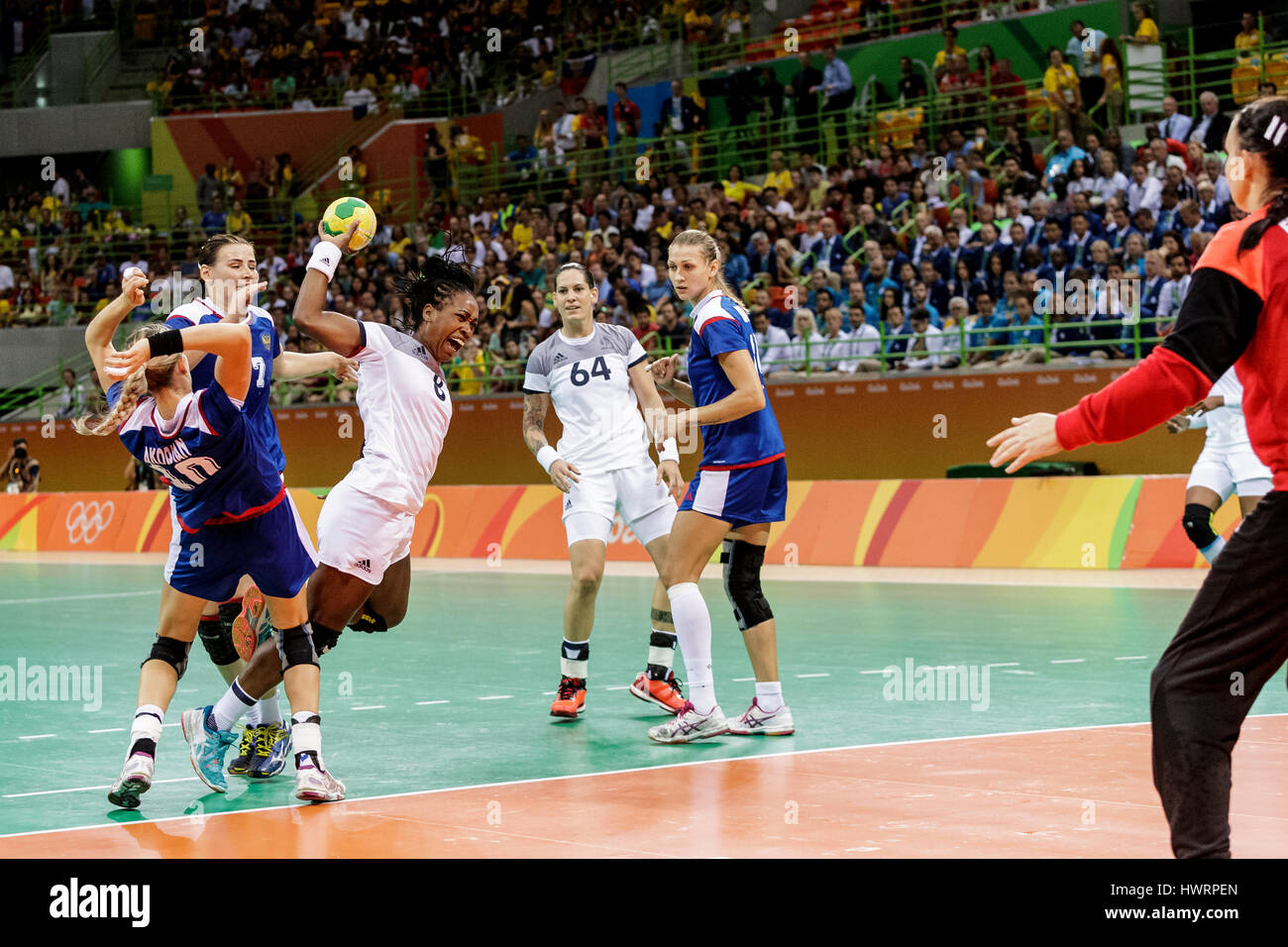 Rio de Janeiro, Brésil. 20 août 2016 Laurisa Landre (FRA) # 8 Mise en concurrence dans le handball féminin finale or la Russie contre la France à l'Olympi 2016 Banque D'Images