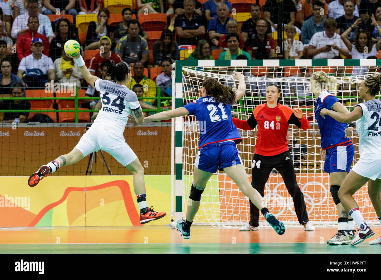 Rio de Janeiro, Brésil. 20 août 2016 Alexandra Lacrabère (FRA) # 64 mise en concurrence dans le handball féminin finale or la Russie contre la France à la 2016 Banque D'Images