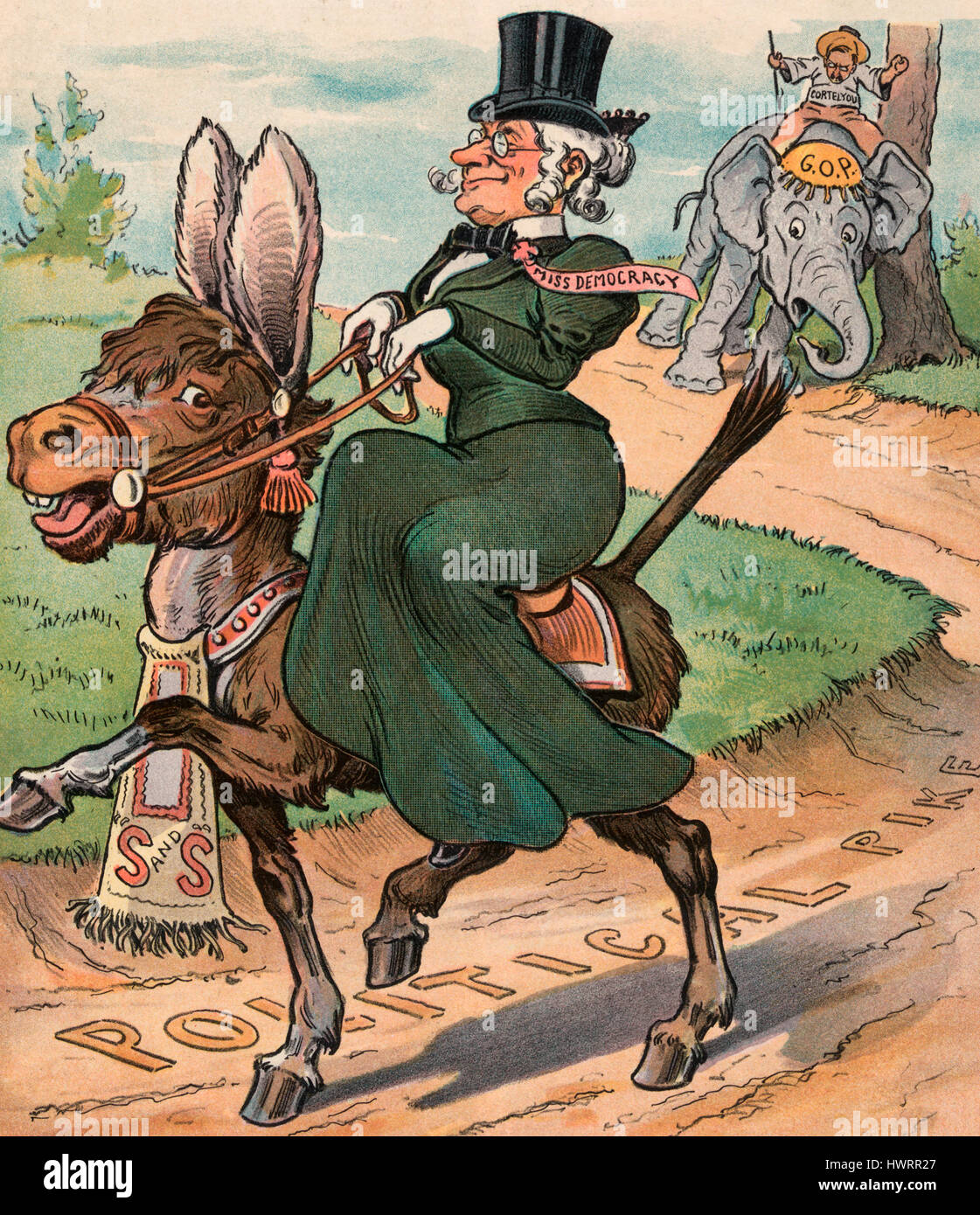 Transformé - L'illustration montre une vieille femme marqués 'Miss démocratie' équitation sur l'âne démocrate le long d'un chemin de terre, portant la mention "Spike" politique ; il y a une bannière étiqueté et S' (coffre-fort et sain) suspendu au cou de l'âne. Dans l'arrière-plan, l'éléphant républicain marqués 'G.O.P.", montée par George B. Cortelyou, est appuyée contre un arbre. Caricature politique, 1904 Banque D'Images