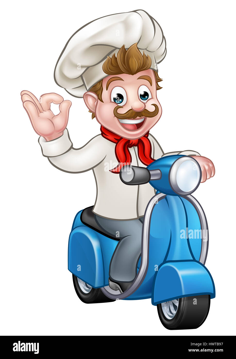Chef de bande dessinée ou une circonscription caractère baker cyclomoteur moto scooter de livraison et donner un accord parfait geste cook delicious Banque D'Images