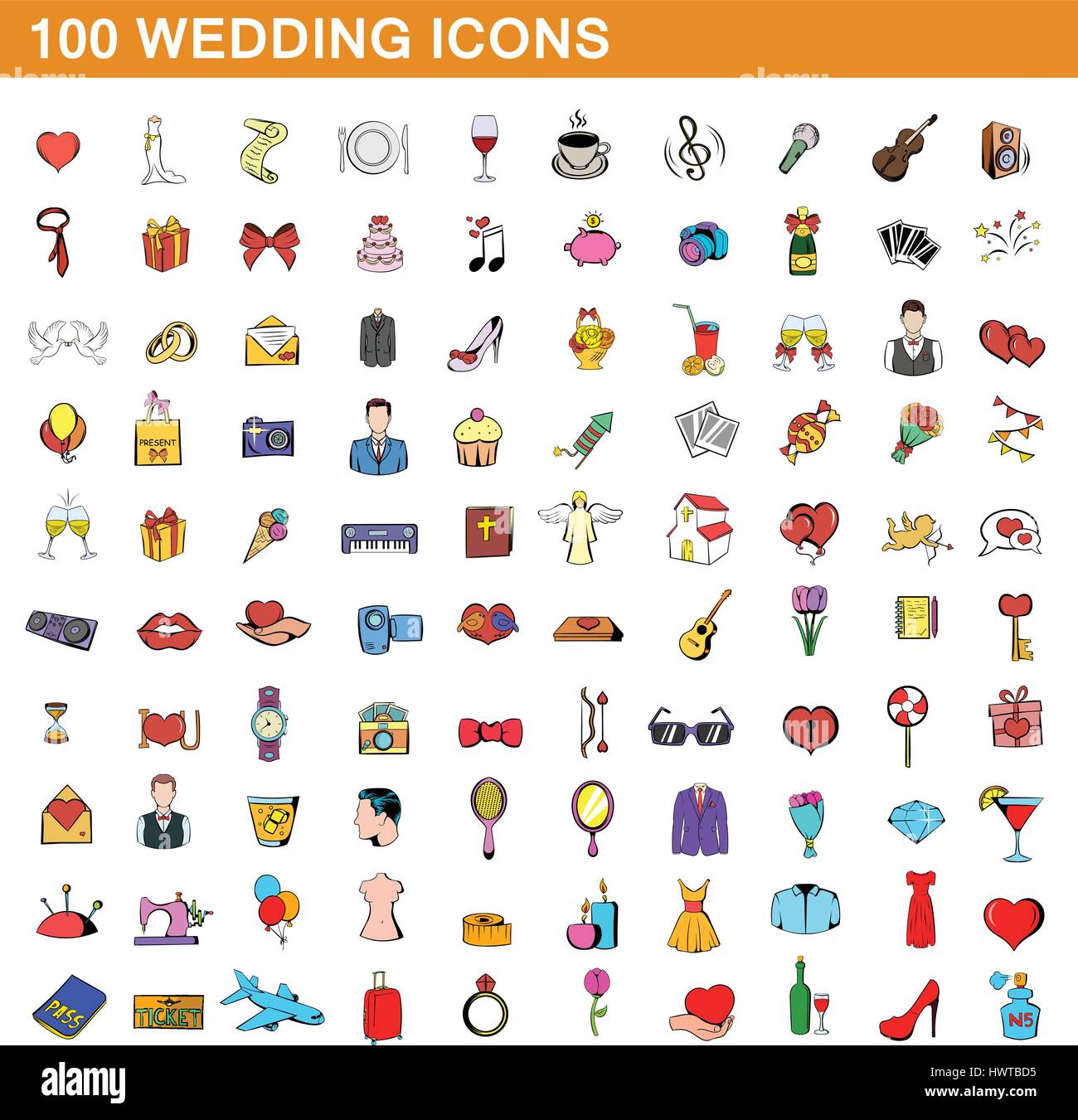 100 icônes de mariage, style cartoon Illustration de Vecteur
