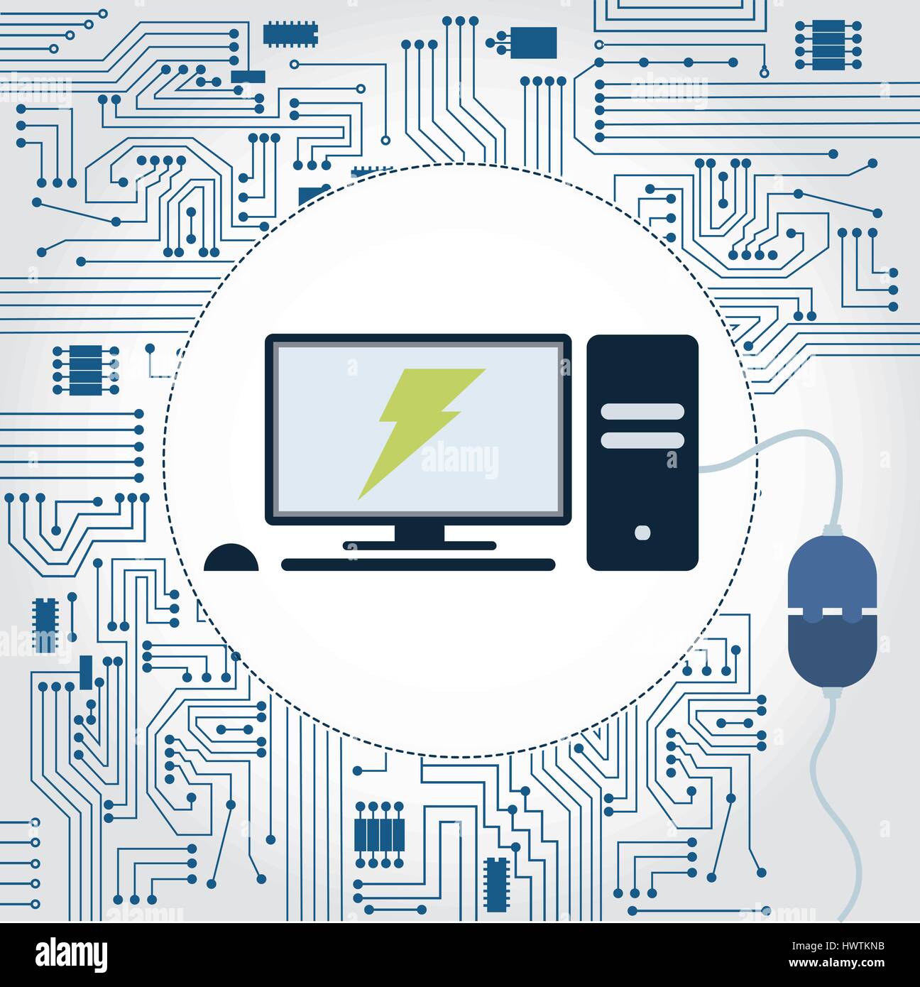 Circuit électronique arrière-plan. Ordinateur avec un connecteur branché et symbole d'éclair sur le moniteur. Illustration de Vecteur