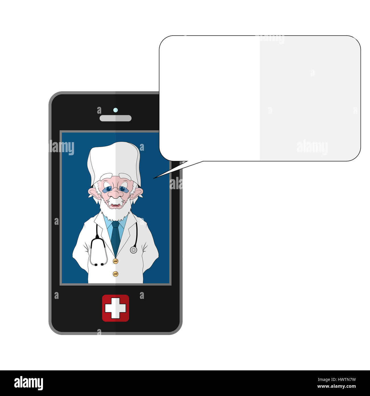 Médecin Mobile avec dialogue vide de nuages. Illustration smart phone tournant application mobile pour une consultation médicale en ligne. Banque D'Images