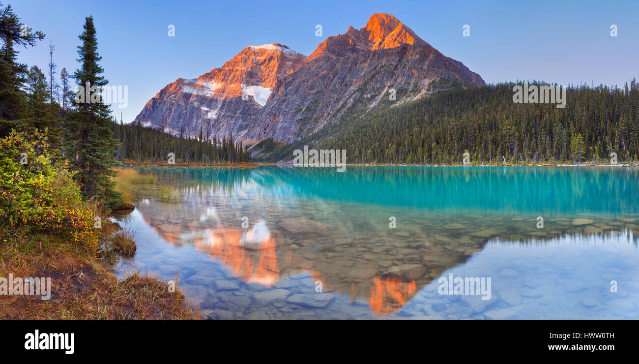 Le mont Edith Cavell traduit par Cavell Lake dans le Parc National de Jasper, Canada. Photographié au lever du soleil. Banque D'Images