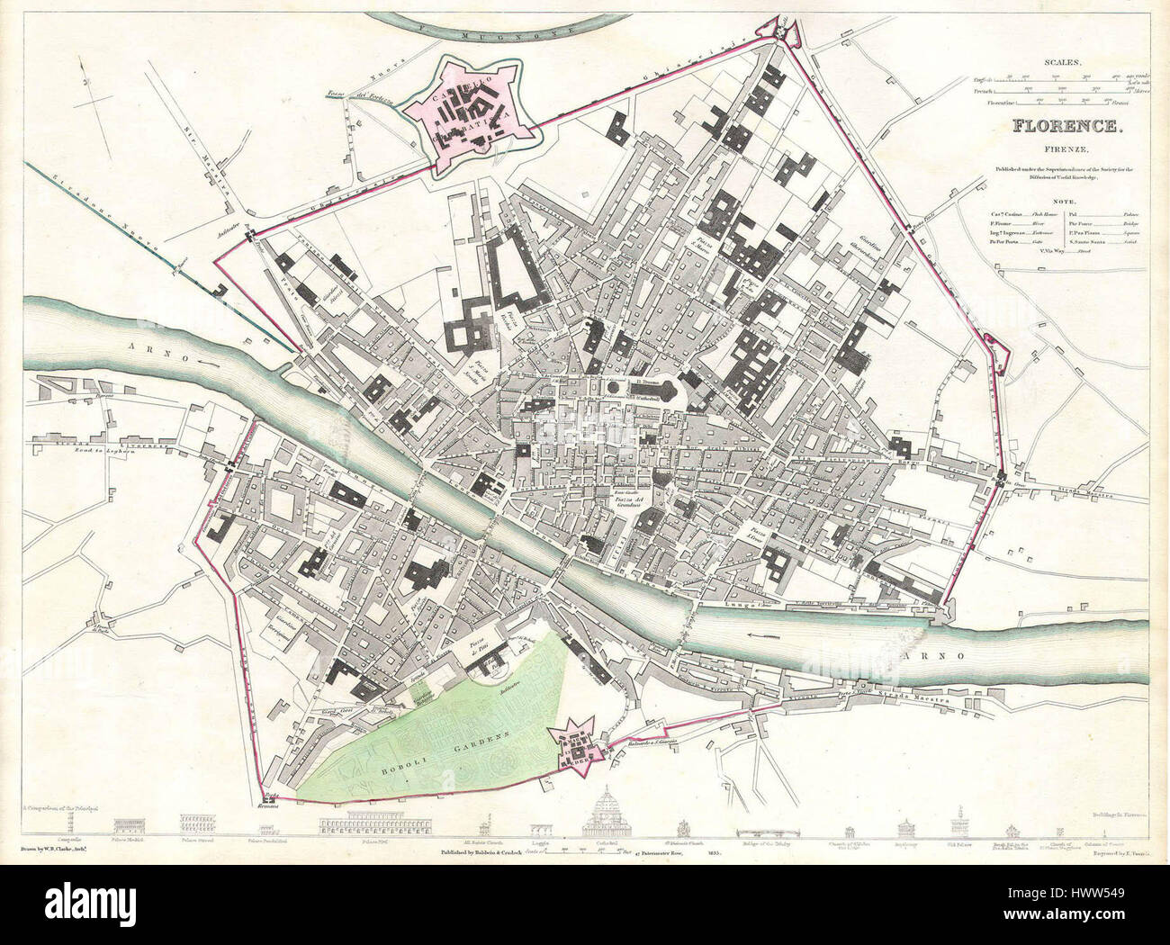 La carte S.D.U.K. de Florence (Florence), en Italie, en 1835, fournit une représentation détaillée de la configuration de la ville au XIXe siècle, capturant les rues, les bâtiments et les monuments importants de cette période. Banque D'Images