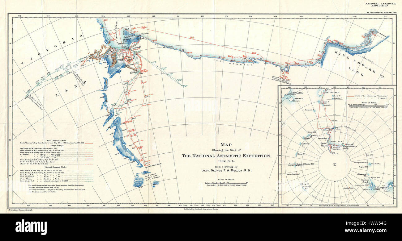 Cette carte de 1904 de la Terre Victoria et de la Terre du Roi Édouard VII de l'expédition Antarctique détaille les caractéristiques géographiques de l'Antarctique, mettant en évidence les zones explorées par les explorateurs du début du XXe siècle. La carte représente l'une des ressources clés de l'exploration polaire durant cette période. Banque D'Images