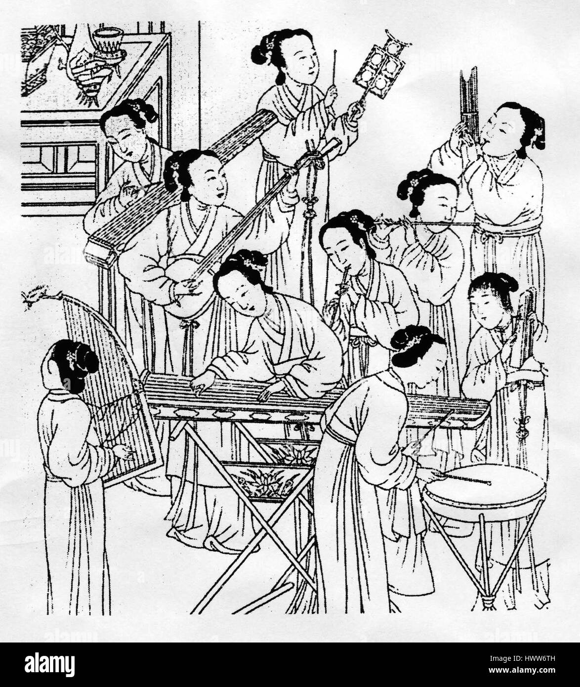 Cette œuvre représente des instrumentistes chinois anciens, représentant des musiciens jouant des instruments traditionnels des débuts de l'histoire chinoise. La peinture met en valeur leur rôle dans les traditions culturelles et musicales chinoises. Banque D'Images