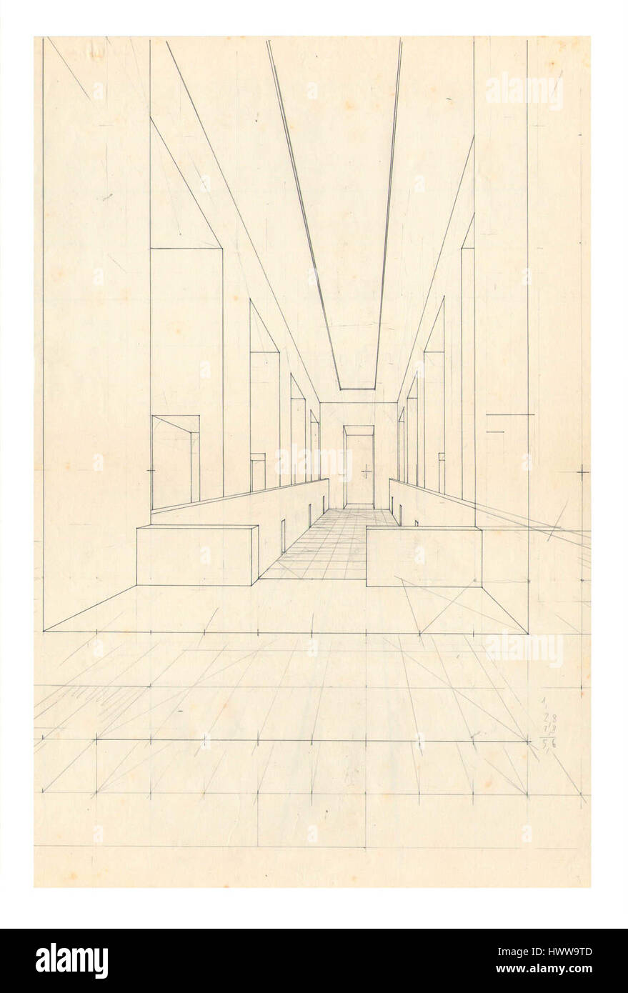 La 'Sala della Bandiera' d'Arnaldo Dell'ira des années 1930 présente une étude de perspective d'une pièce avec une attention particulière aux éléments architecturaux. L'accent mis par Dell'ira sur la précision géométrique et la profondeur marque son approche du design italien moderne. Banque D'Images