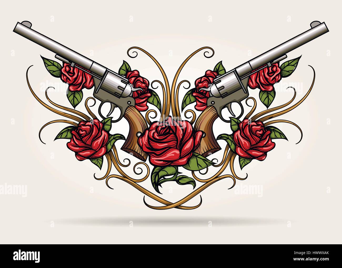 Paire de pistolets croisés et fleurs rose dessiné dans le style de tatouage. Vector illustration. Illustration de Vecteur