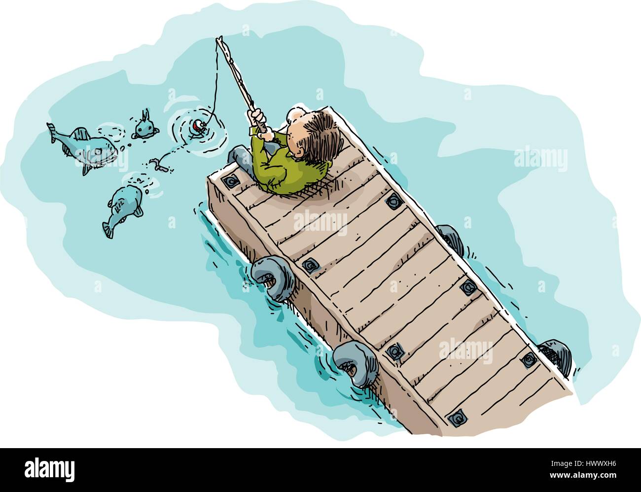 Cartoon illustration d'un seul homme assis et de la pêche sur une longue, bois dock montrant le poisson attiré par le ver sur l'hameçon. Illustration de Vecteur