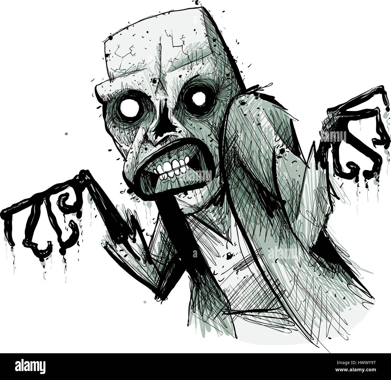 Une faim, spooky, caricature zombie menaçant et en décomposition. Illustration de Vecteur