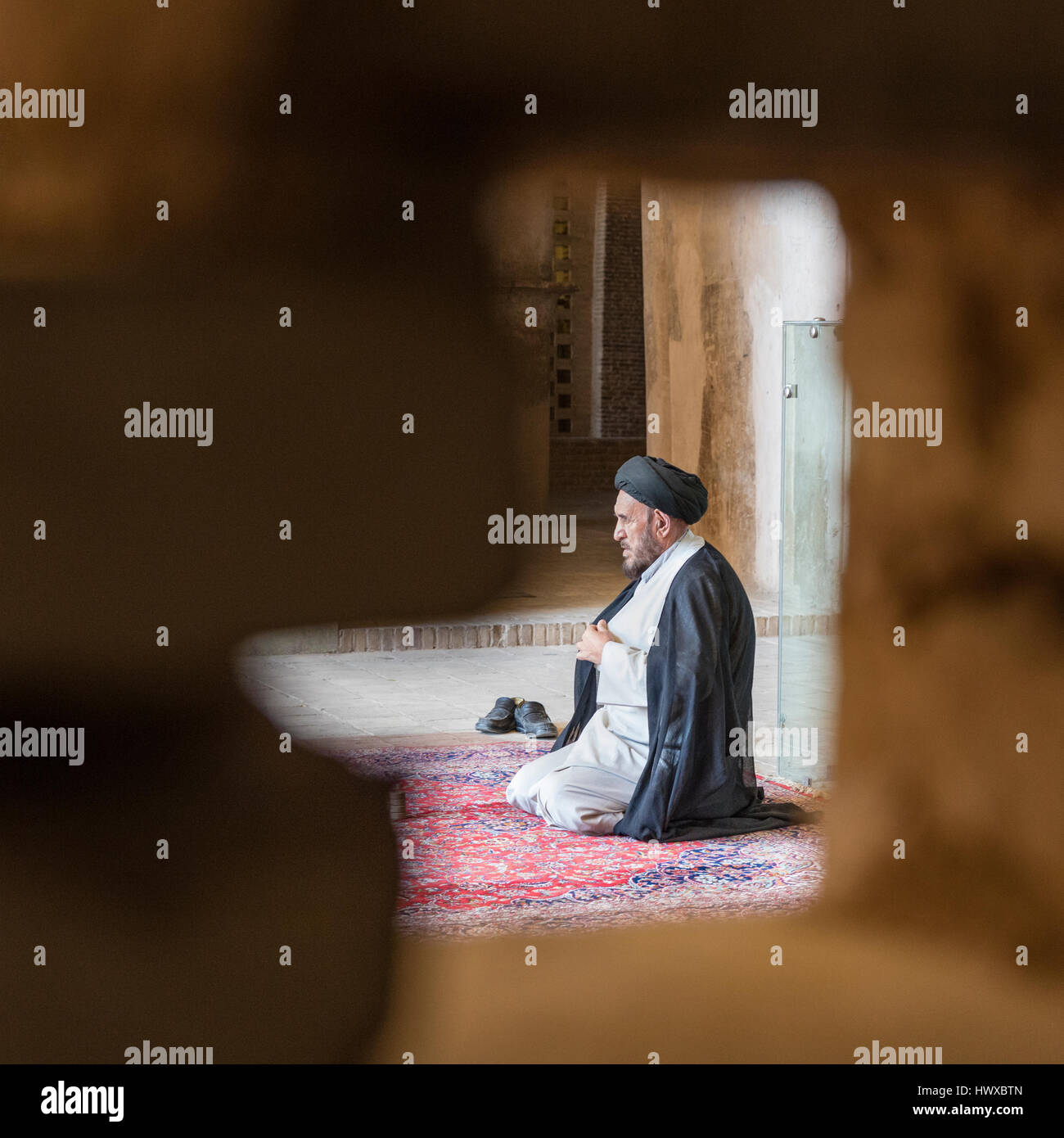 Assis en priant le mollah encadrée dans la brique, mur de dépistage (vendredi) Mosquée Jameh, Isfahan, Iran Banque D'Images