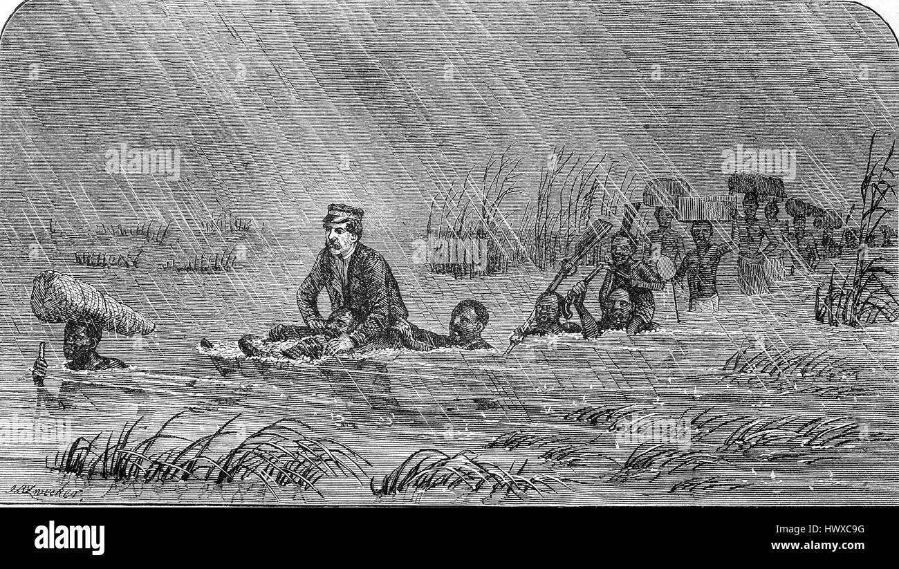 David Livingstone, le 19 mars 1813 - 1 mai 1873, était un missionnaire écossais et un explorateur de l'Afrique, traverse une rivière d'Afrique, la reproduction d'une image, gravure sur bois de l'année 1881, l'amélioration numérique Banque D'Images