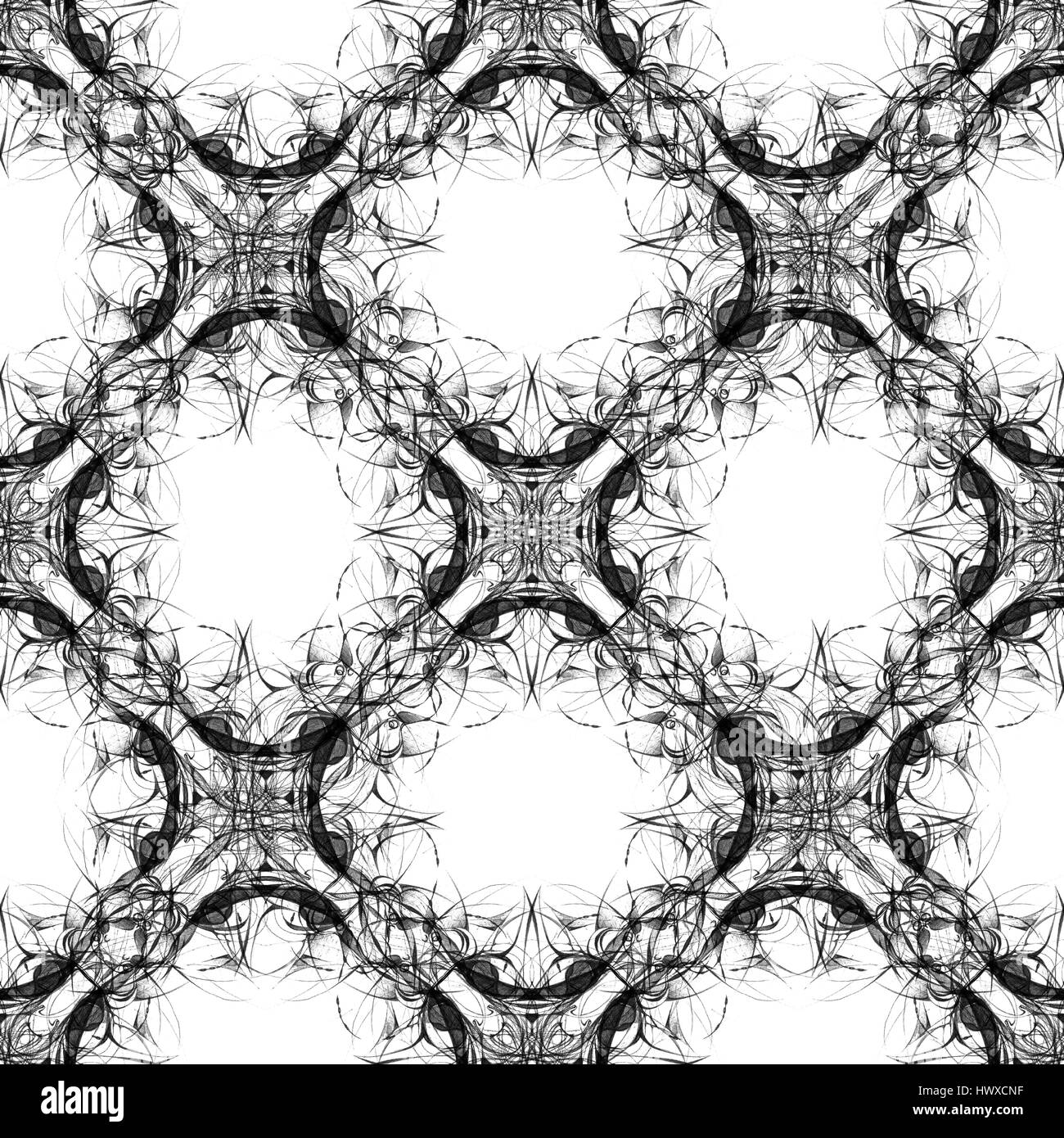 Kaléidoscope abstrait sans motif. Hand drawn curly formes, disposition diagonale légèrement décalée, contours noirs sur fond blanc. Texte conceptuel Banque D'Images
