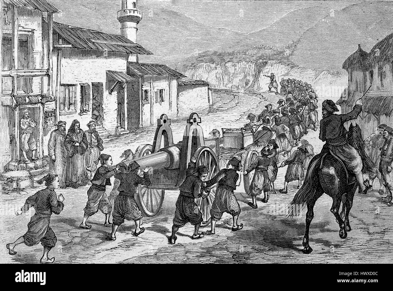 Les enfants turcs tirant un canon Krupp à travers un village à Erzurum à leur destination, en février 1878, l'Arménie, la Turquie, la reproduction d'une image, gravure sur bois de l'année 1881, l'amélioration numérique Banque D'Images