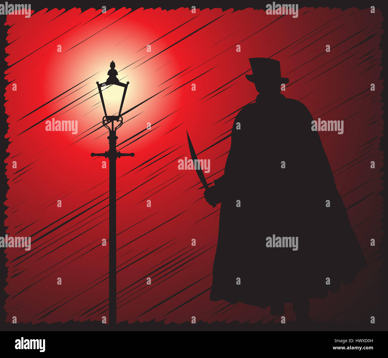 Un grunged silhouette de Jack the Ripper avec un couteau à la lumière d'une lampe de rue Banque D'Images