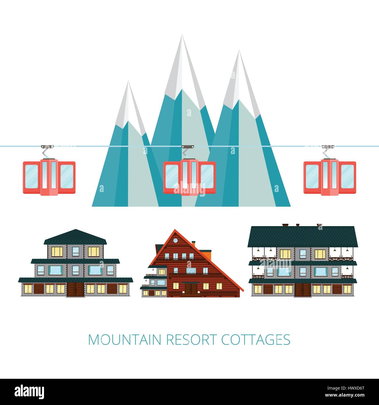 Vector illustration bannière station d'hiver . Chalets en bois sur fond de montagne enneigée paysage . Funiculaire . Téléphérique de ski . Illustration de Vecteur