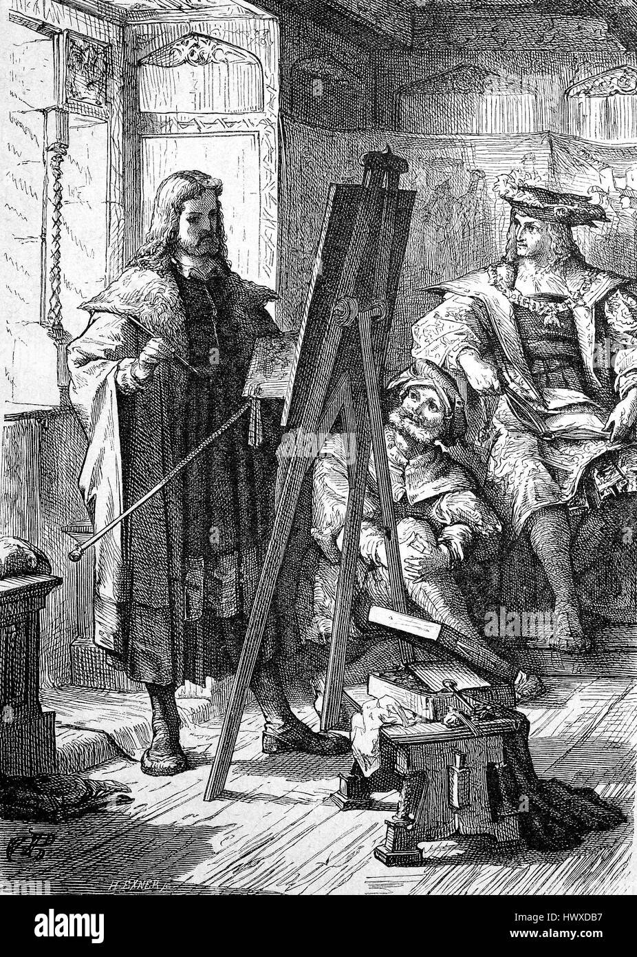 Albrecht Duerer se tient au chevalet et peint le portrait de l'empereur Maximilien I., Allemagne, Albrecht Dürer, 1471 - 6 avril 1528, peintre, graveur et théoricien de la Renaissance allemande, Maximilien I, 1459 - 1519, roi des Romains, également connu sous le nom de Roi des Allemands, à partir de 1486 et le saint empereur romain, reproduction d'une image, gravure sur bois de l'année 1881, l'amélioration numérique Banque D'Images