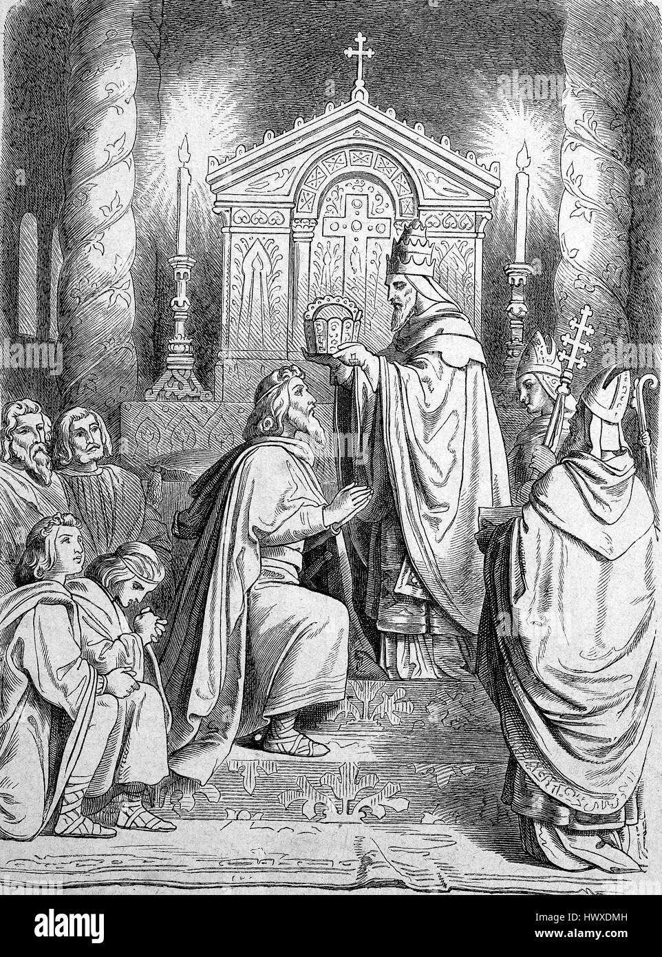 Charlemagne ou Charles le Grand, numérotées de Charles I, reçoit le premier jour de Noël en 800 par le Pape Léon III la couronne impériale, l'Allemagne, la reproduction d'une image, gravure sur bois de l'année 1881, l'amélioration numérique Banque D'Images