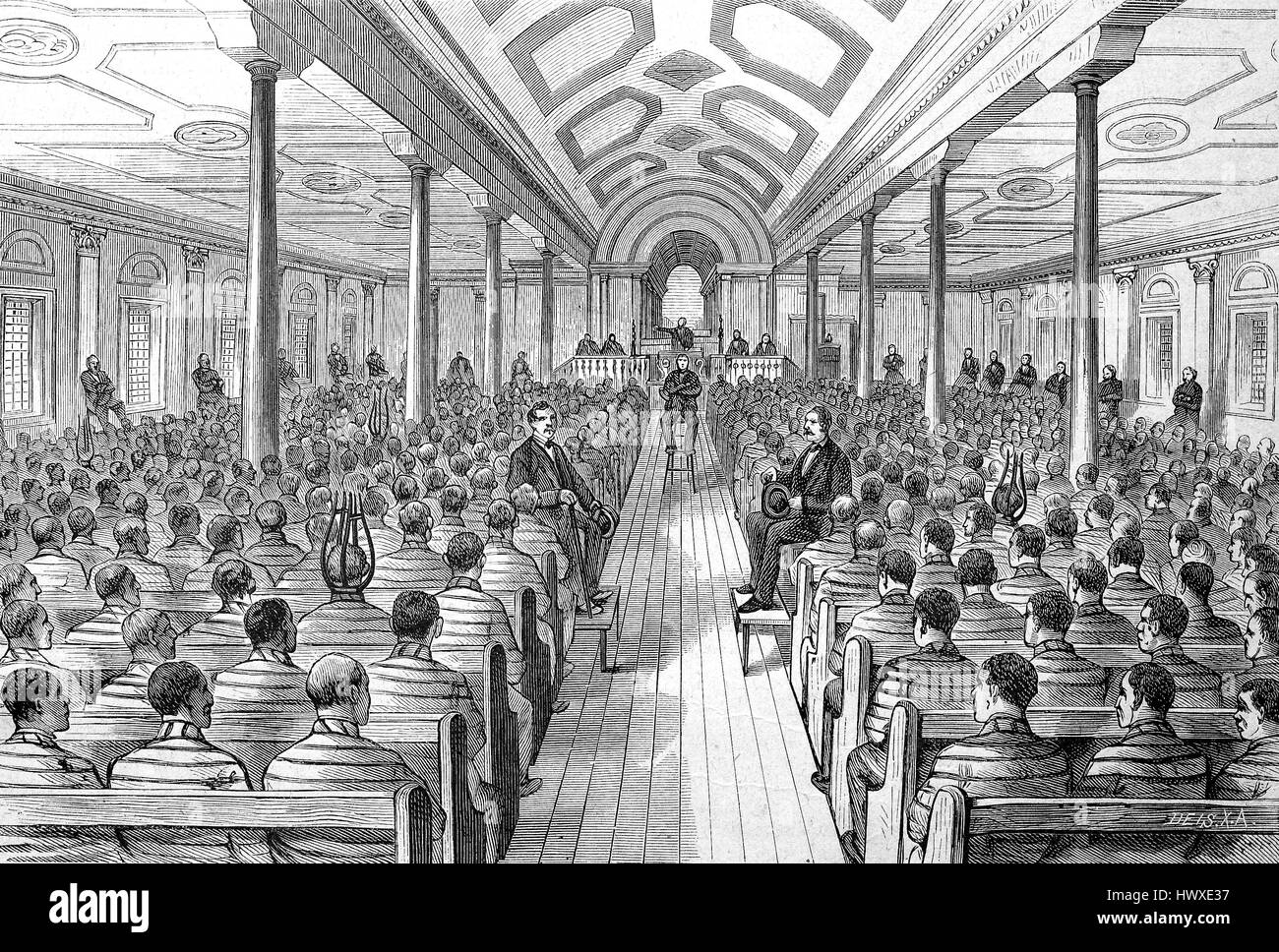 Condamnés à l'adoration du dimanche service dans la chapelle de la prison Sing Sing dans l'état de New York, l'Amérique, la reproduction d'une image, gravure sur bois de l'année 1881, l'amélioration numérique Banque D'Images